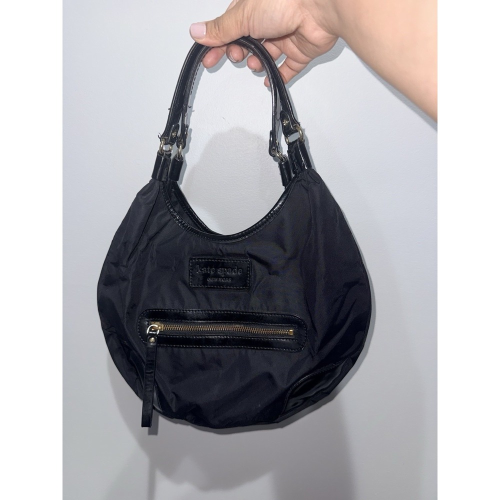 Kate Spade Black Nylon Leather Trim Hobo Shoulder Bag Polka Dot Lining Y2K E